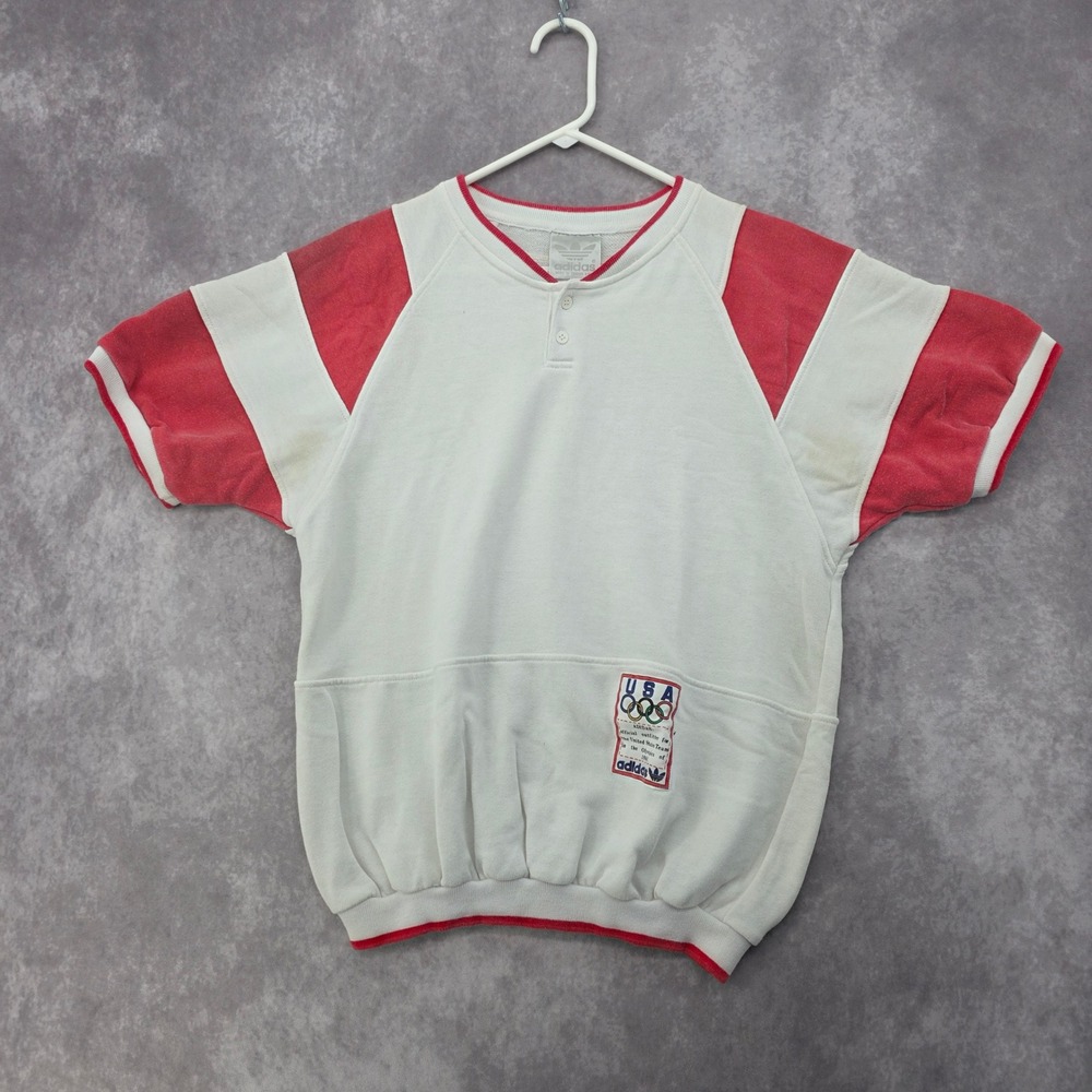 Vintage 1988 Adidas USA Olympics Short Sleeve Henley Sweatshirt White Red Medium